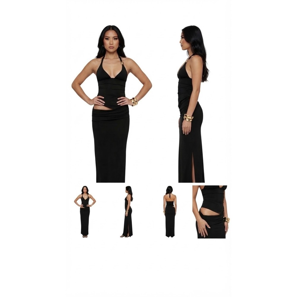 Princess Polly Black Halter Maxi Dress Ruched Cut Out Gold Hardware US 6